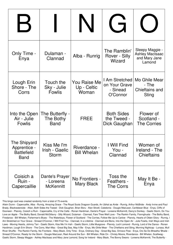 Download Free Celtic Favorites Bingo Cards
