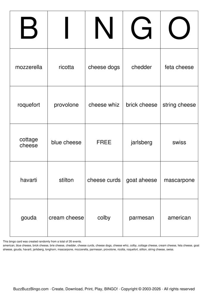 Download Free Cheese Bingo! Bingo Cards