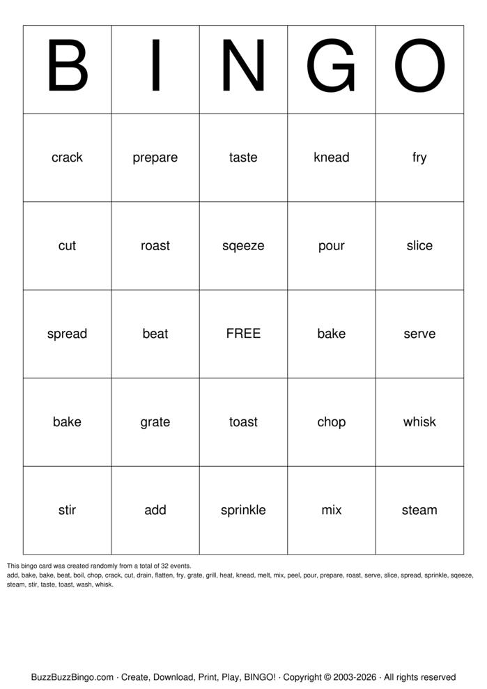 Download Free Cooking verbs Bingo Cards Download Free Cooking verbs Bingo Cards