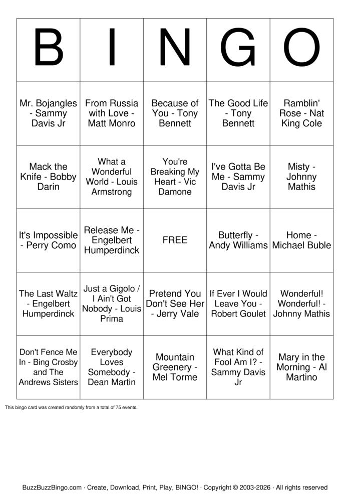 Download Free Crooners & Rat Pack Bingo Cards