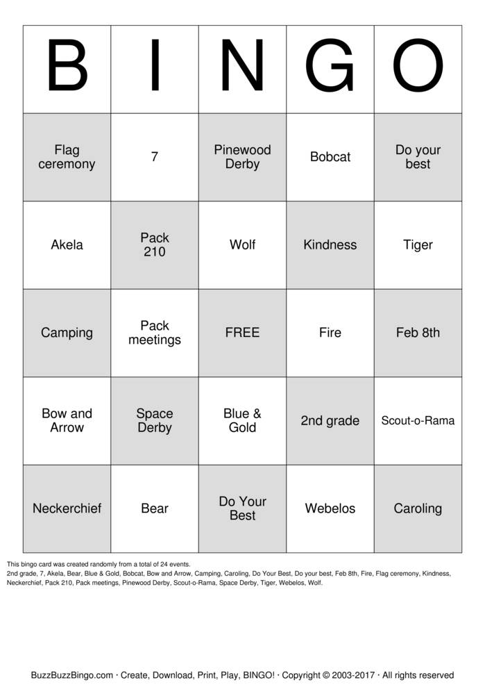 Download Free Cub Scouts Bingo Cards