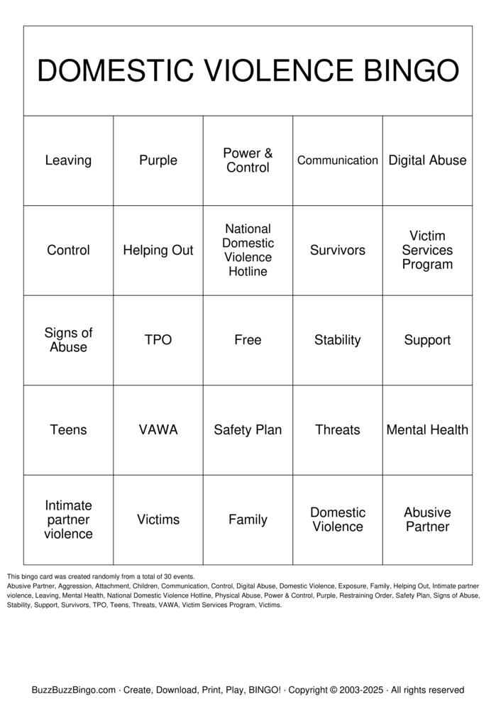 Download Free DOMESTIC VIOLENCE Bingo Cards Download Free DOMESTIC VIOLENCE Bingo Cards