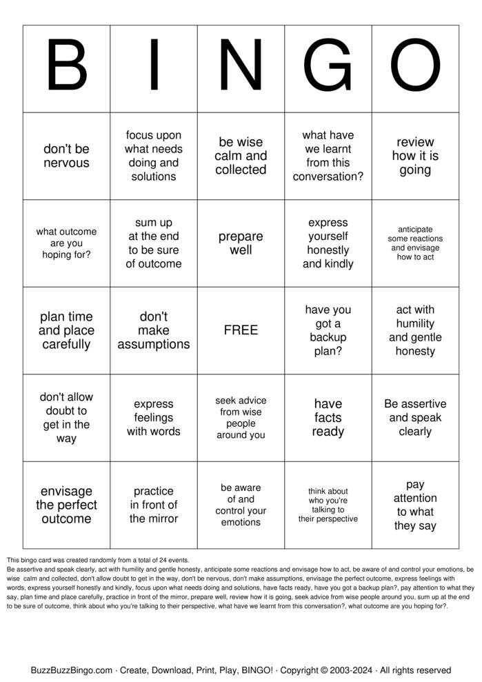 Download Free Difficult conversation Bingo Cards