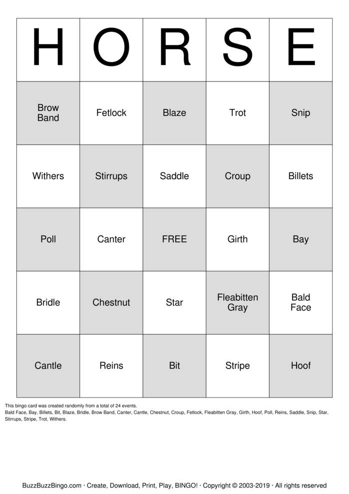Download Free HORSE Bingo Cards