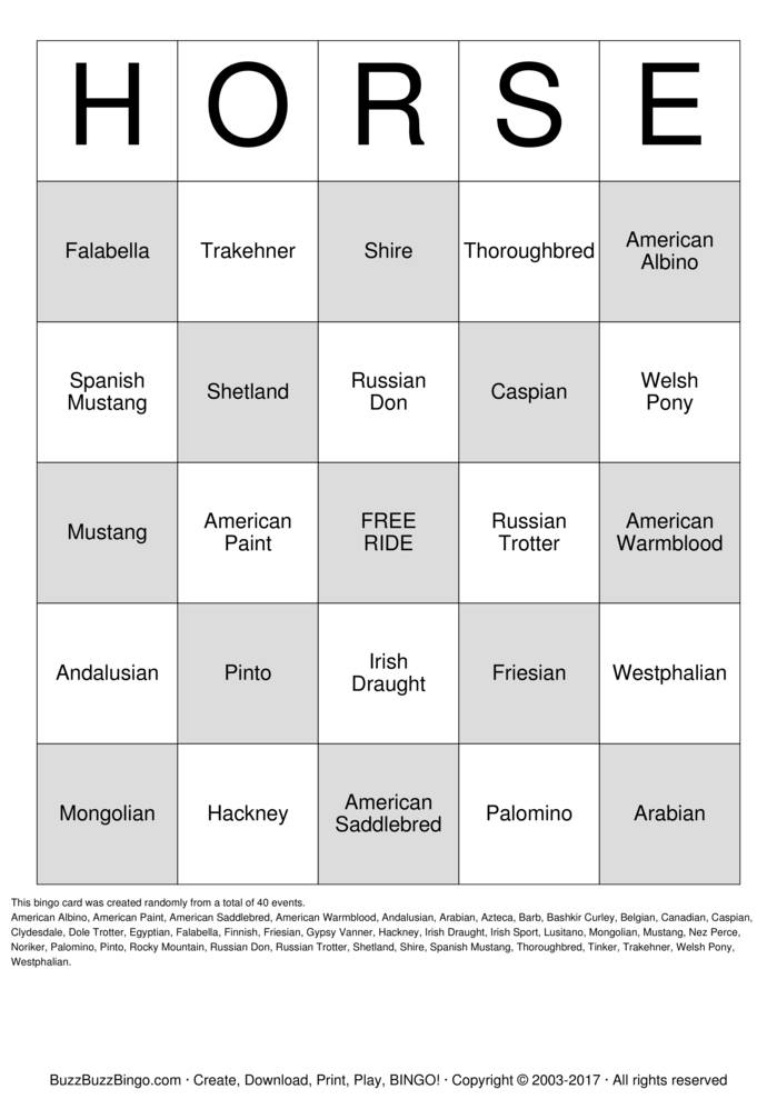 Horse Bingo Cards to Download, Print and Customize!