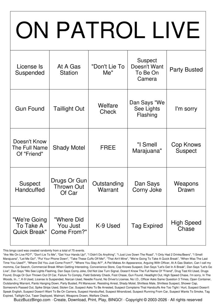 Download Free ON PATROL LIVE Bingo Cards Download Free ON PATROL LIVE Bingo Cards