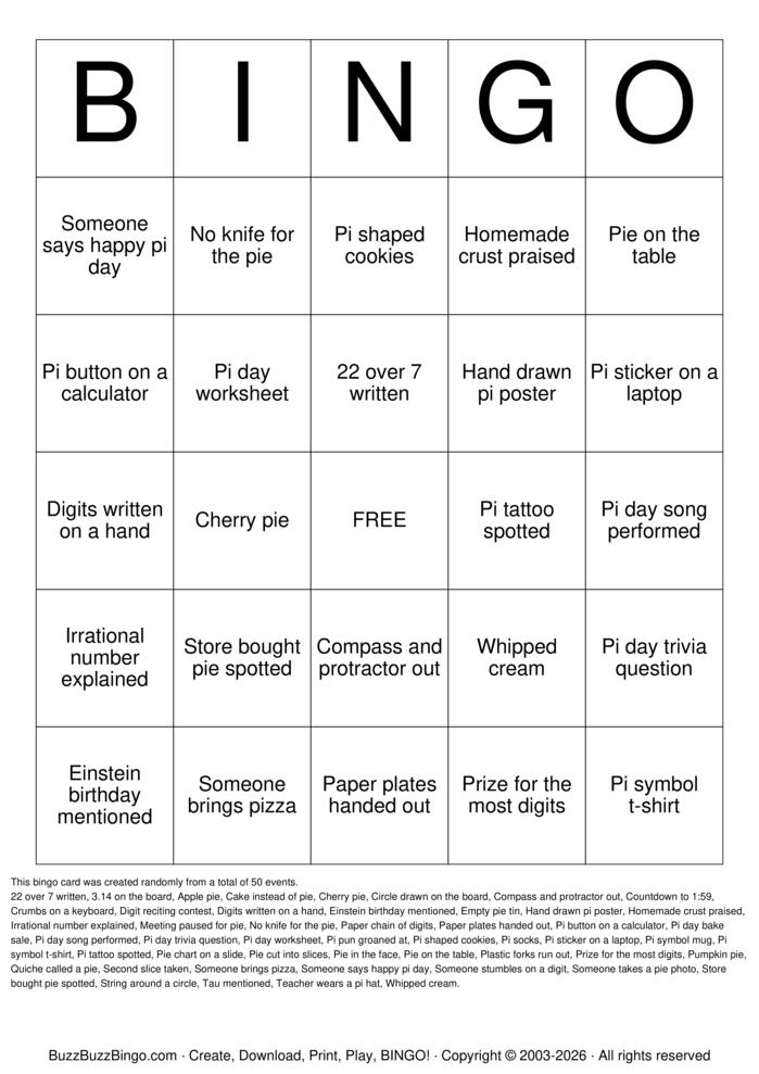 Download Free Pi Day Bingo Cards