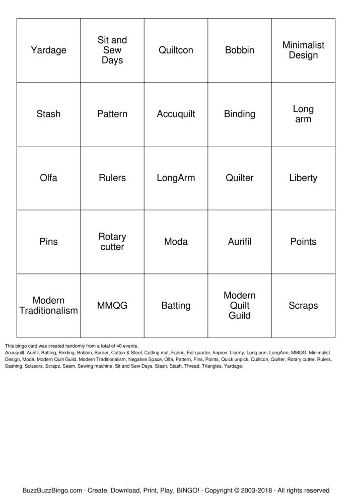 QUILT Bingo Cards to Download, Print and Customize!