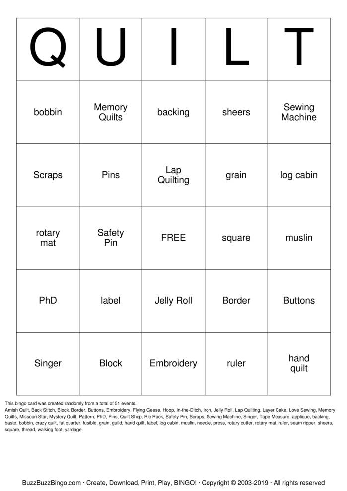 QUILT Bingo Cards to Download, Print and Customize!