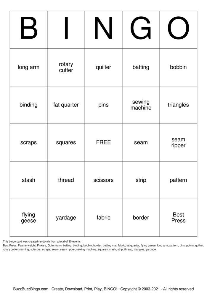 Download Free QUILT Bingo Cards