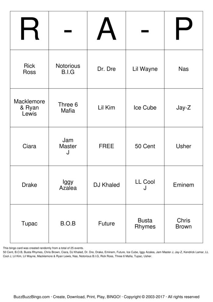Download Free R-A-P (Artists) Bingo Cards