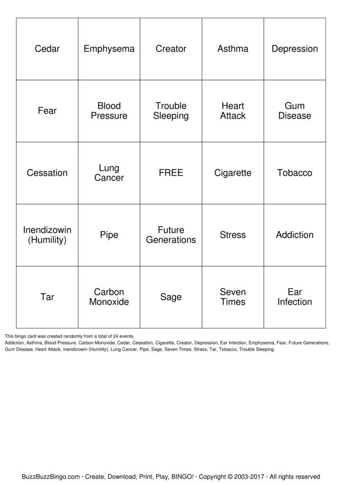 Smoking Cessation BINGO Bingo Cards to Download, Print and Customize!