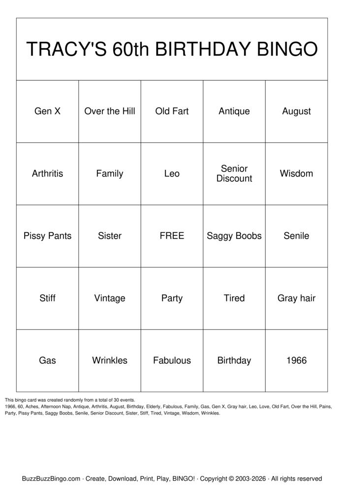 Download Free Tracy's 60th BirthdayBINGO Bingo Cards Download Free Tracy's 60th BirthdayBINGO Bingo Cards