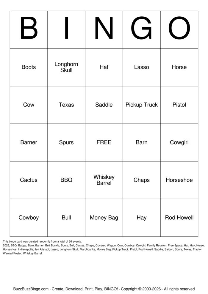 Download Free WESTERN Bingo Cards