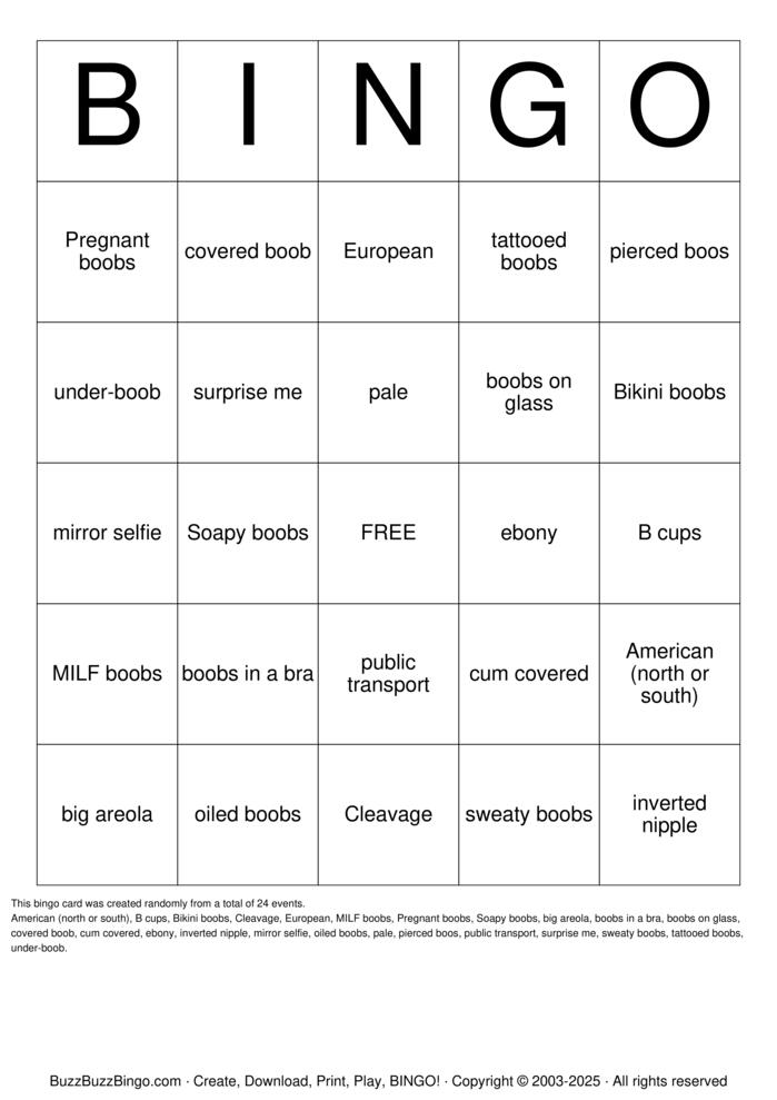 Download Free boob  Bingo Cards