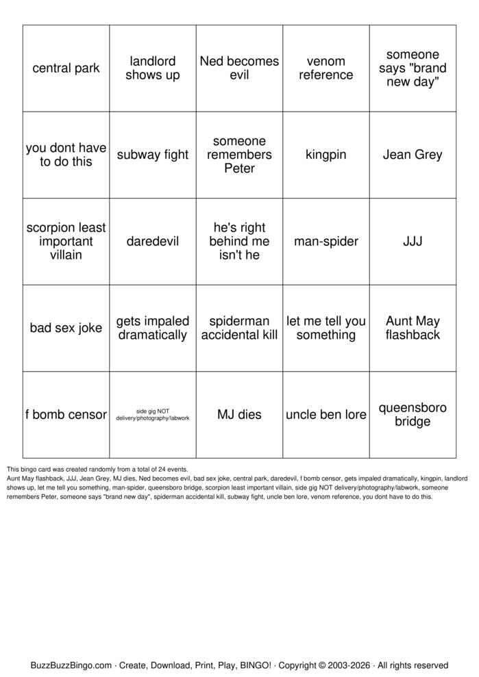 Download Free spidermn bnd Bingo Cards Download Free spidermn bnd Bingo Cards