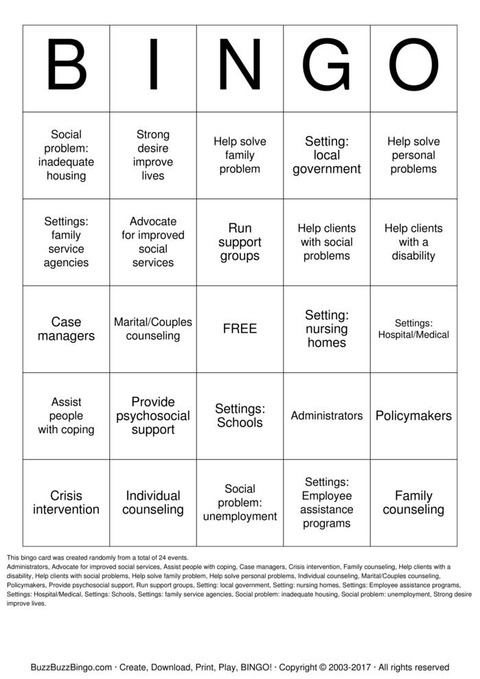 Download Free All About Social Work Bingo Cards
