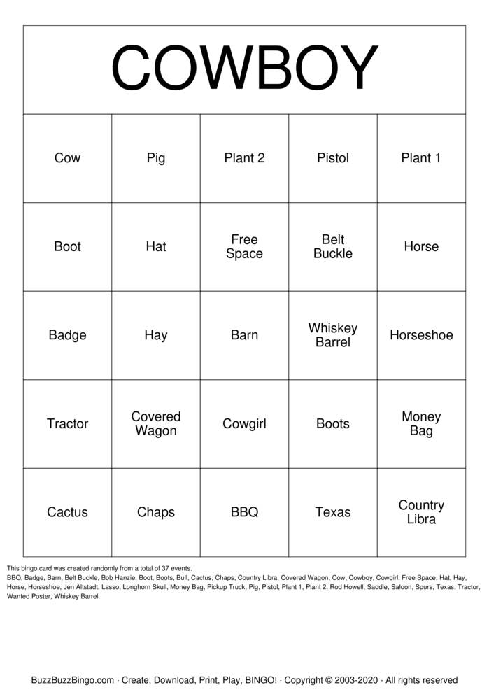 COWBOY Bingo Cards to Download, Print and Customize!