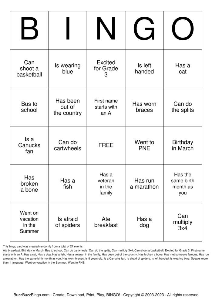 Download Free Classmate Bingo Bingo Cards