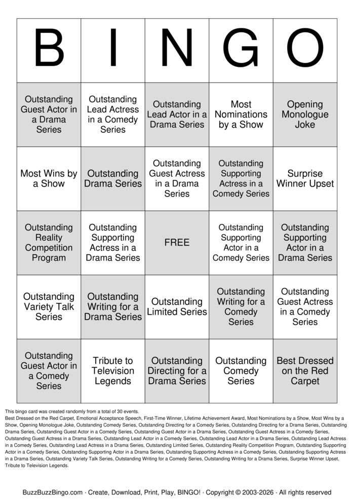 Download Free Emmy Awards Bingo Cards