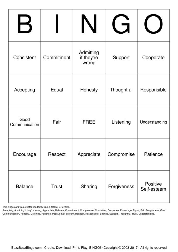 Healthy Relationships Bingo Cards to Download, Print and Customize!