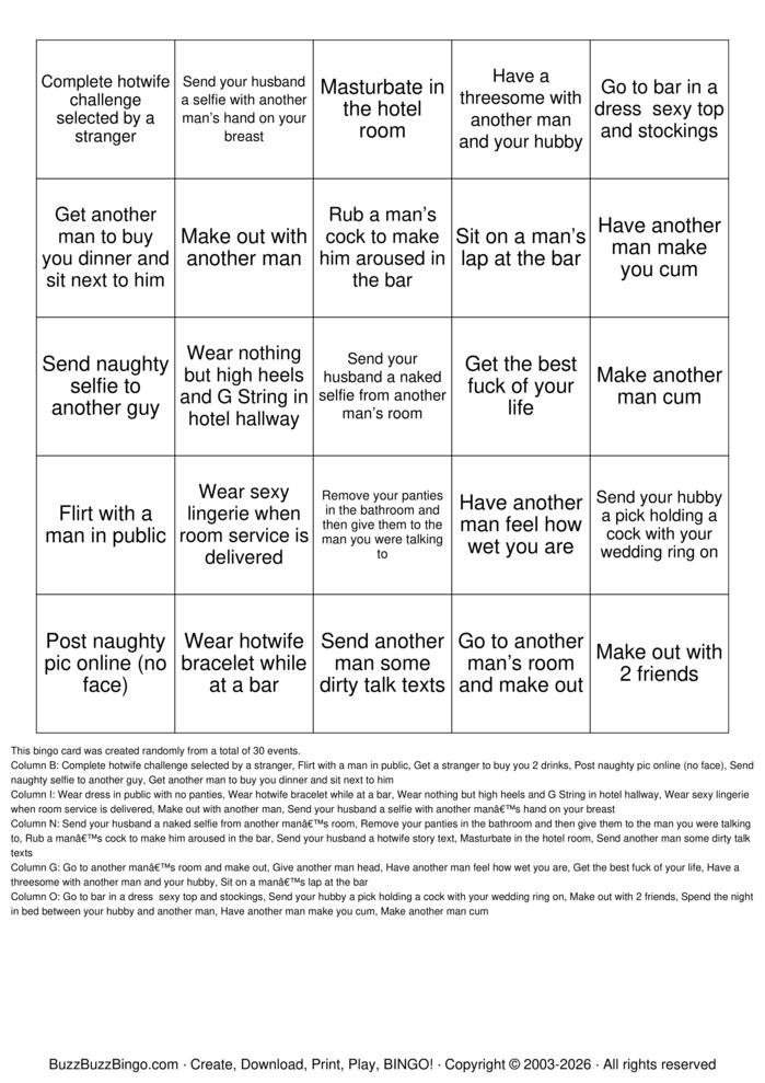 Download Free Hotwife  Bingo Cards