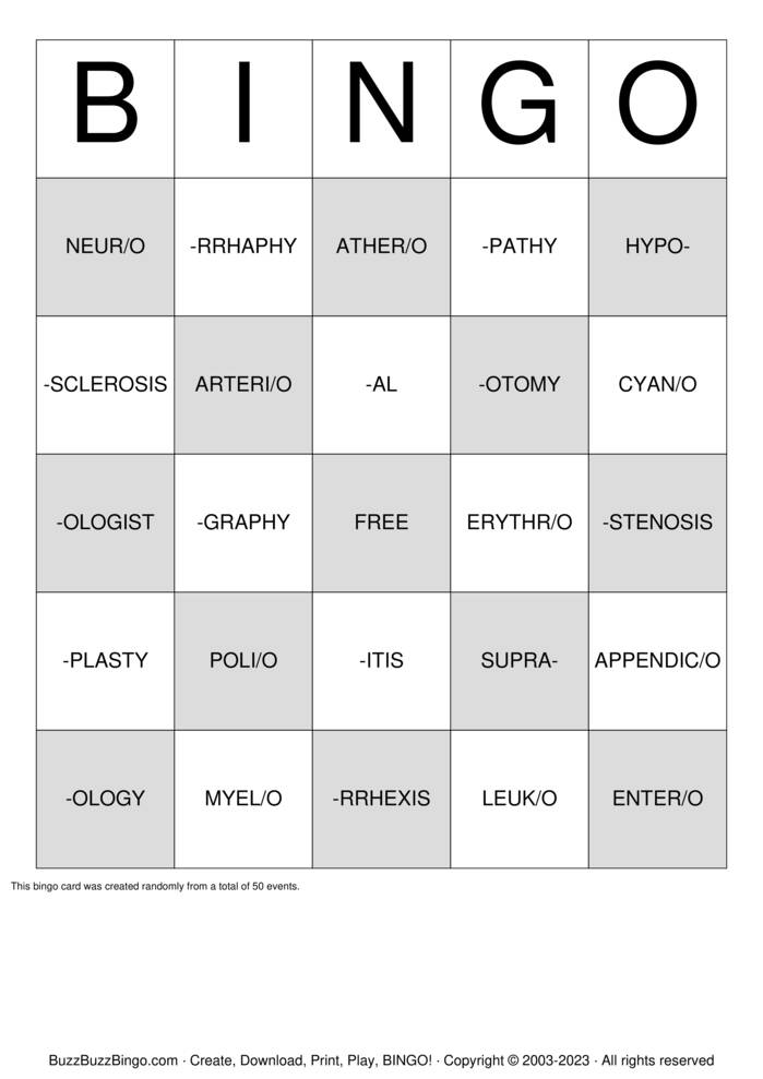 Download Free Intro to Medical Terminology Bingo Cards