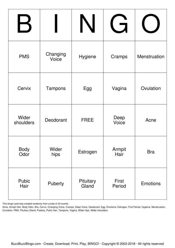It's Puberty ! Bingo Cards to Download, Print and Customize!