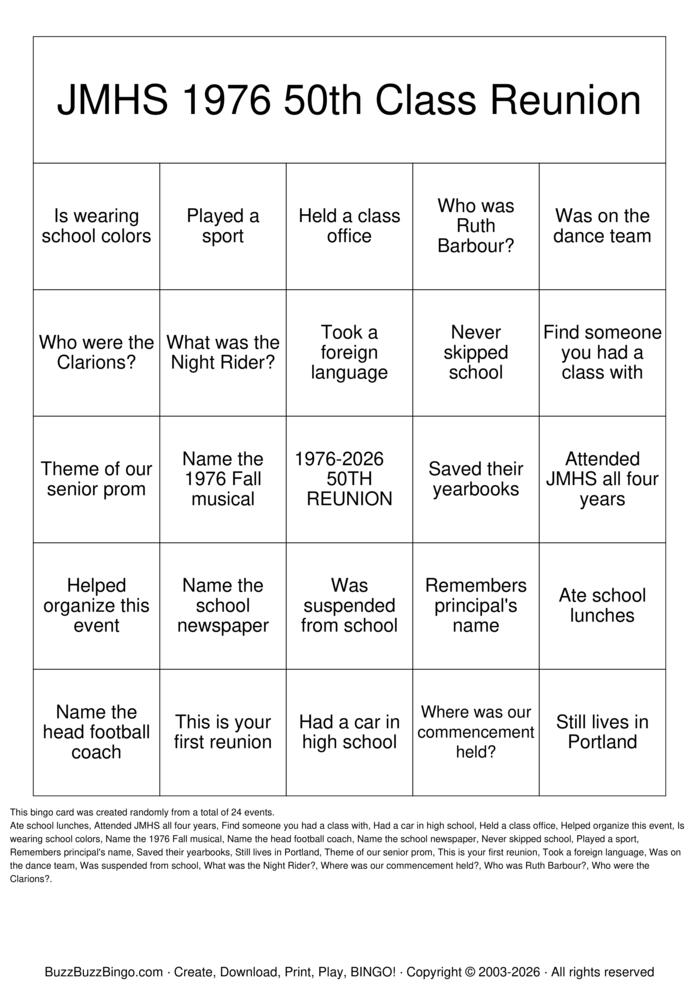 Download Free JMHS 1976 50th Class Reunion Bingo Cards Download Free JMHS 1976 50th Class Reunion Bingo Cards