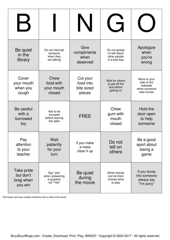 Manners Bingo Cards to Download, Print and Customize!