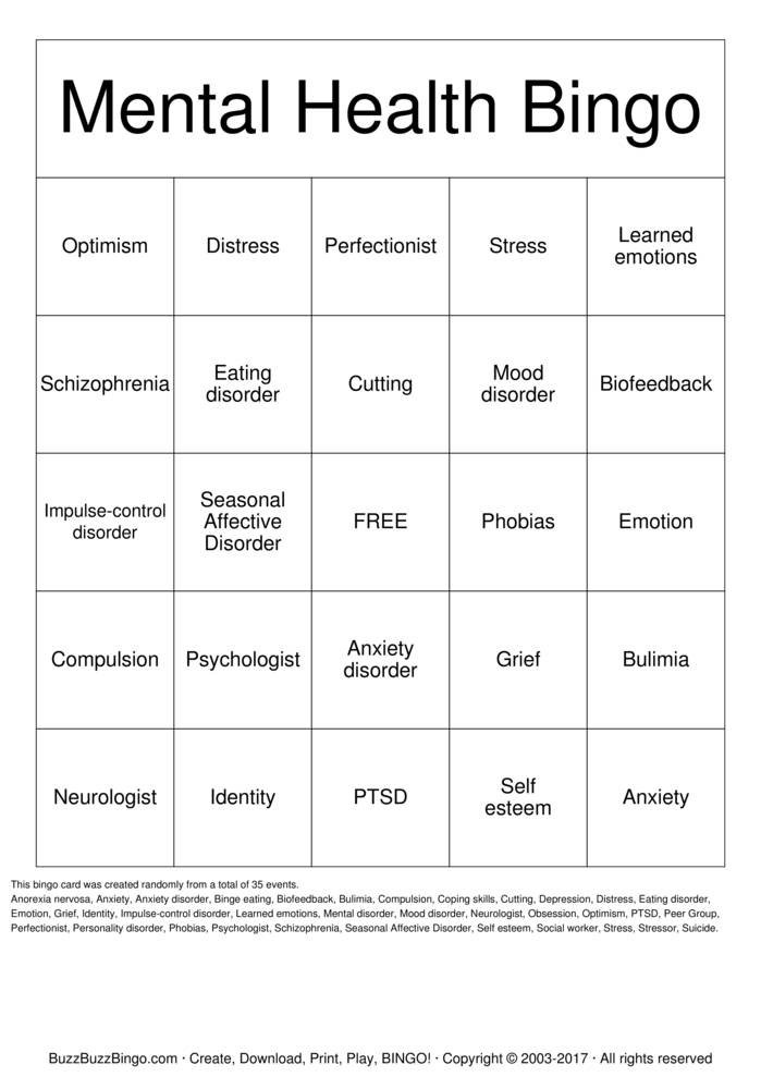 Download Free Mental Health Bingo Cards