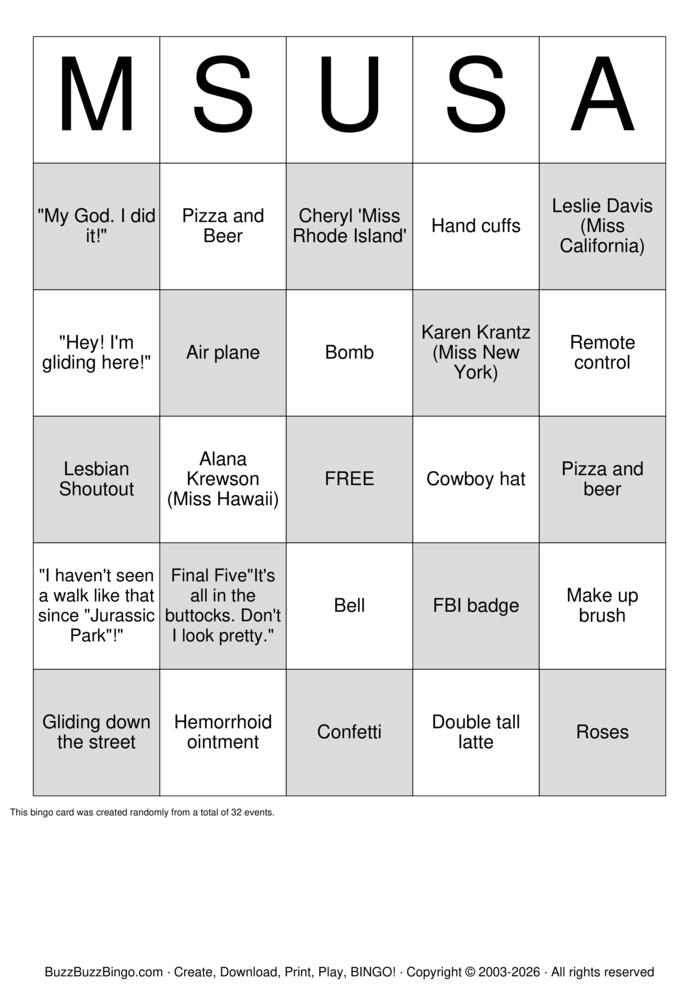 Download Free Miss Congeniality  Bingo Cards