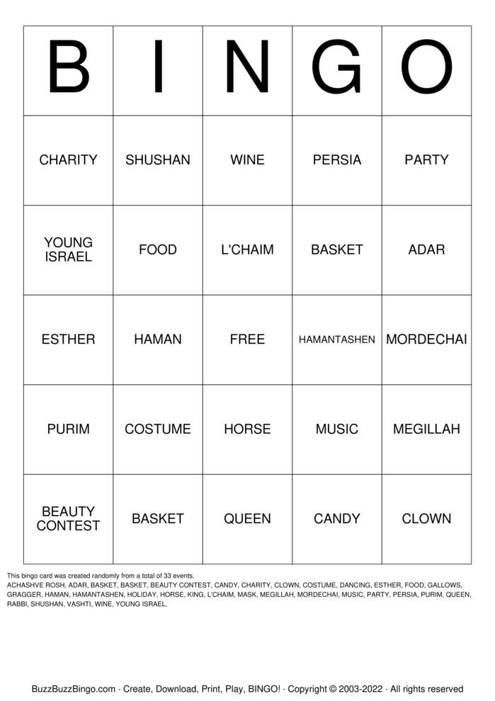 Download Free PURIM Bingo Cards Download Free PURIM Bingo Cards