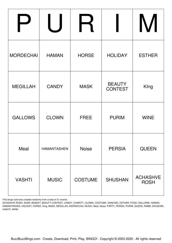 PURIM Bingo Cards to Download, Print and Customize!