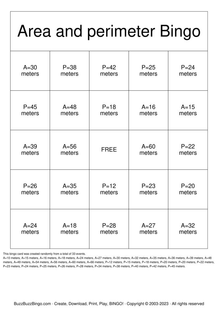 Perimeter and Area Bingo Blitz Bingo Cards to Download, Print and