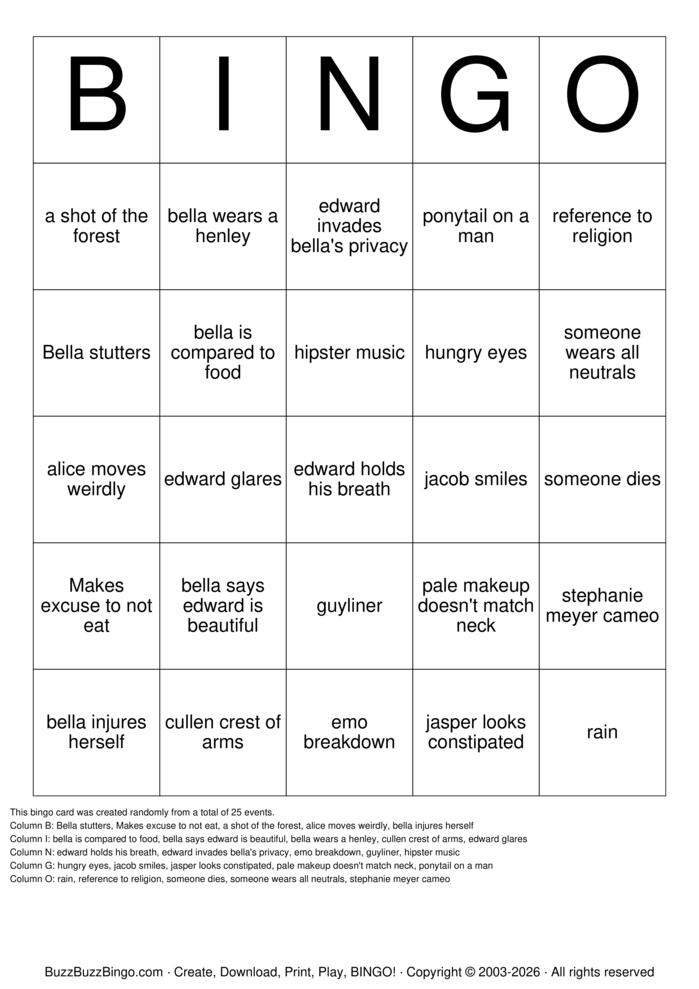 Download Free TWILIGHT BINGO Bingo Cards