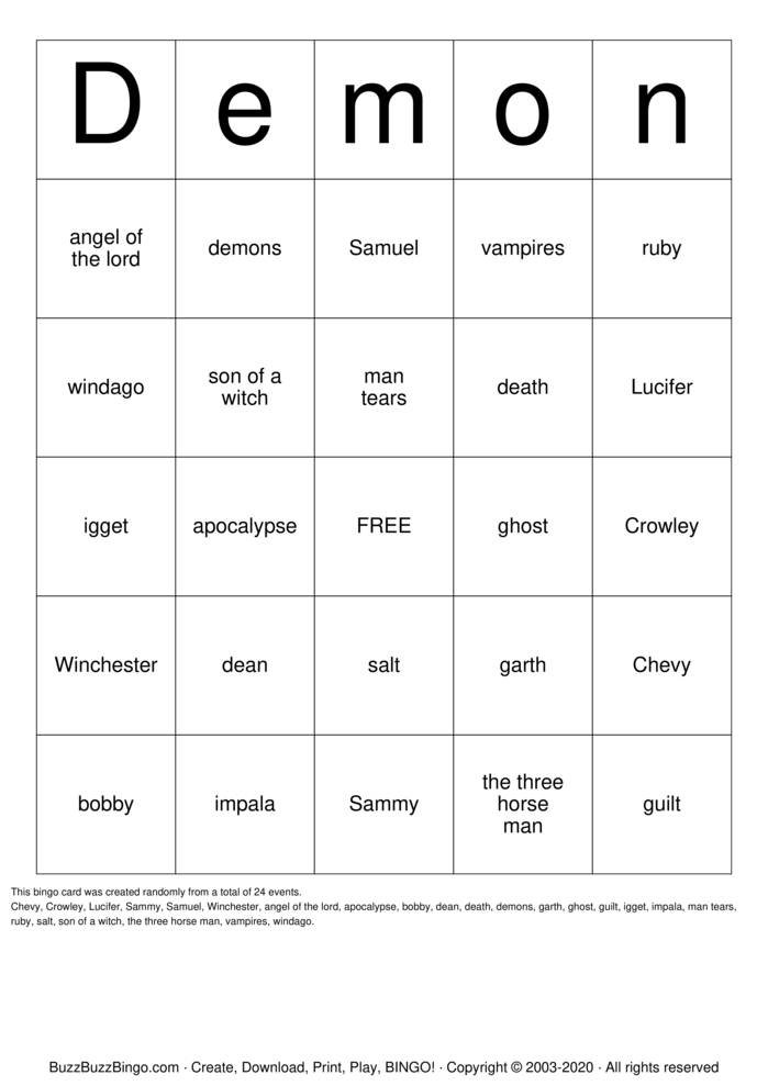 Download Free supernatural Bingo Cards Download Free supernatural Bingo Cards