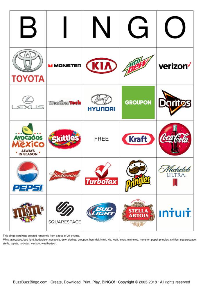 2018 Superbowl Commercial Logos Bingo Cards to Download, Print and ...
