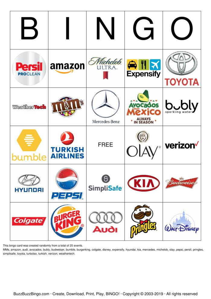 2019 Superbowl Commercial Logos Bingo Cards to Download, Print and ...