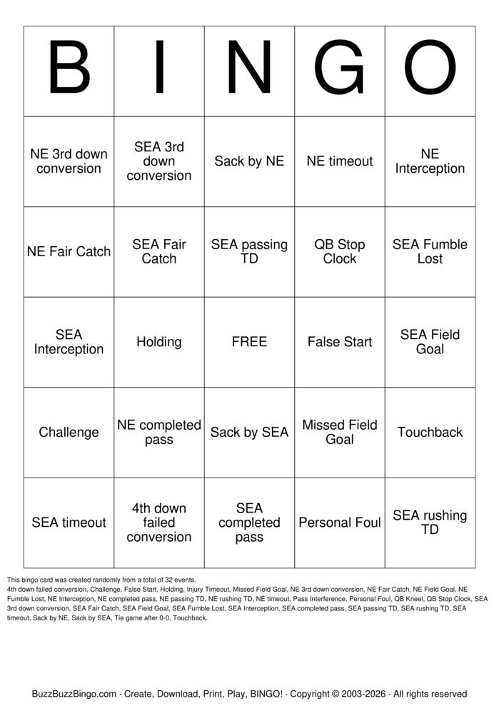 Download Free 2026 Superbowl SEA vs NE Bingo Cards