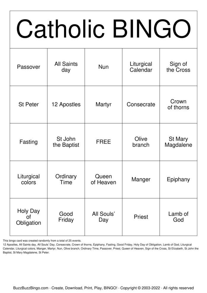 Download Free Catholic Bingo Cards