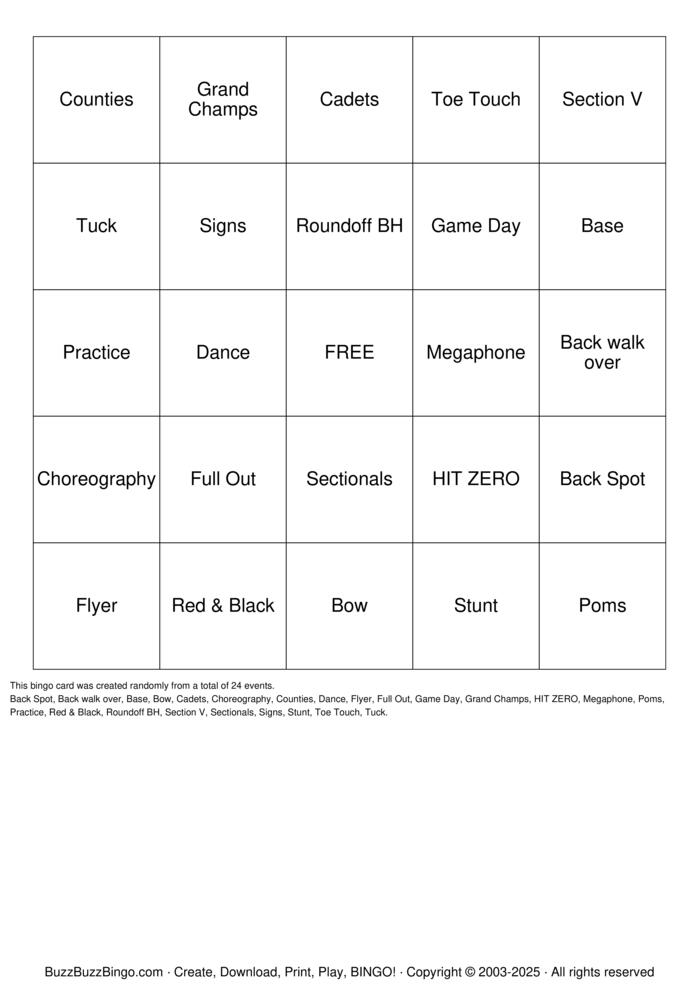 Download Free Cheerleader Bingo Cards
