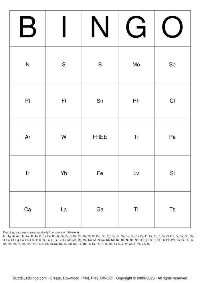 Download Free Chemistry Bingo Cards