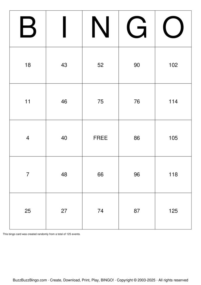 Download Free Classic Numbers 1-125 Bingo Cards