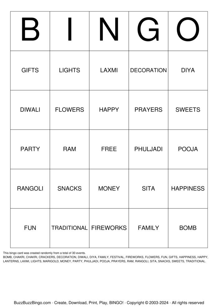 Diwali Bingo Cards to Download, Print and Customize!