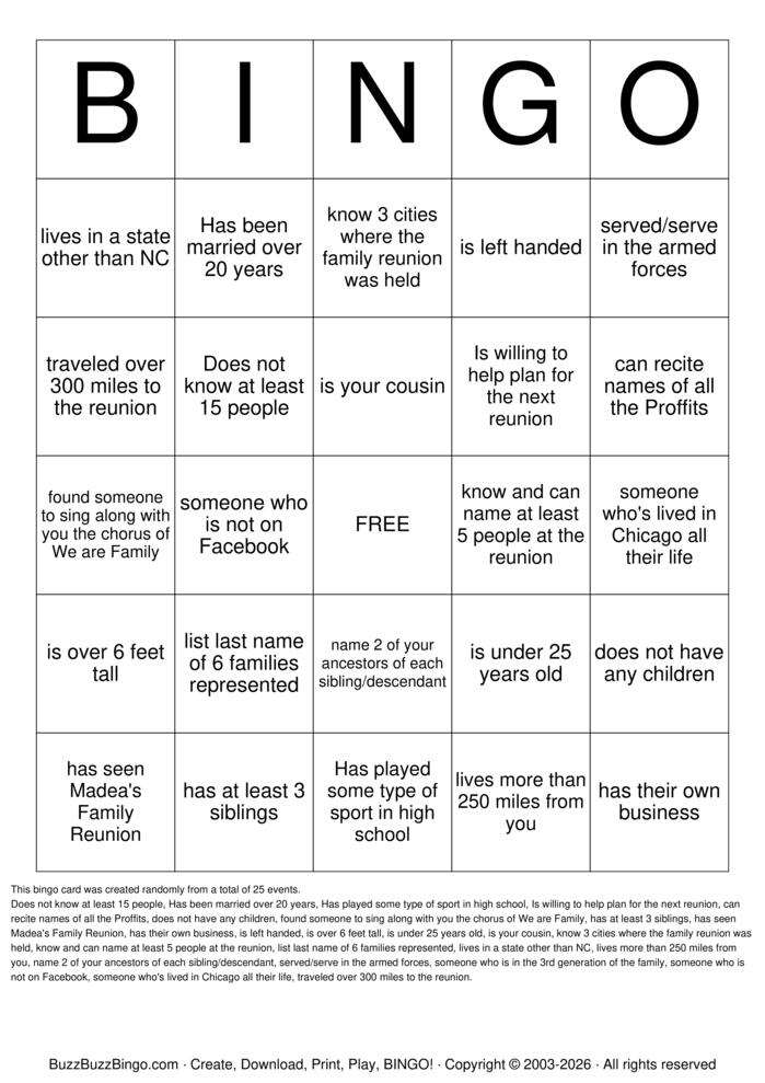 Download Free Family Reunion  Bingo Cards