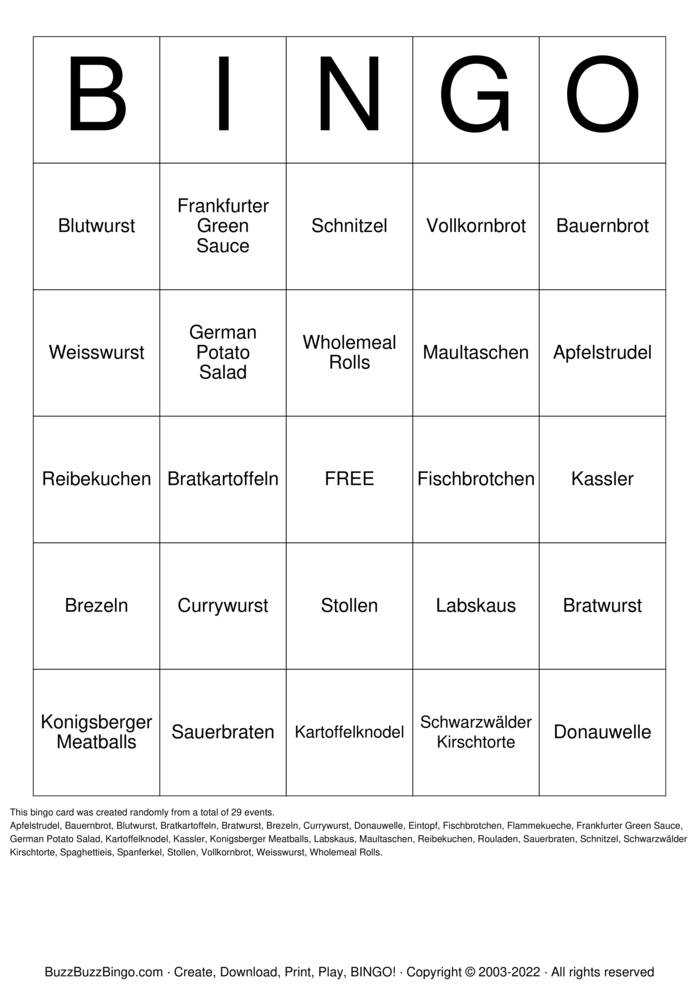 Download Free German Food Bingo Cards