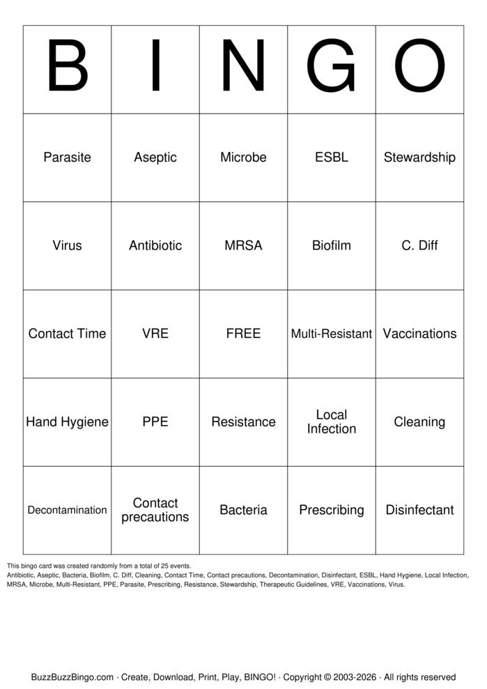 Download Free Infection Control Bingo Cards