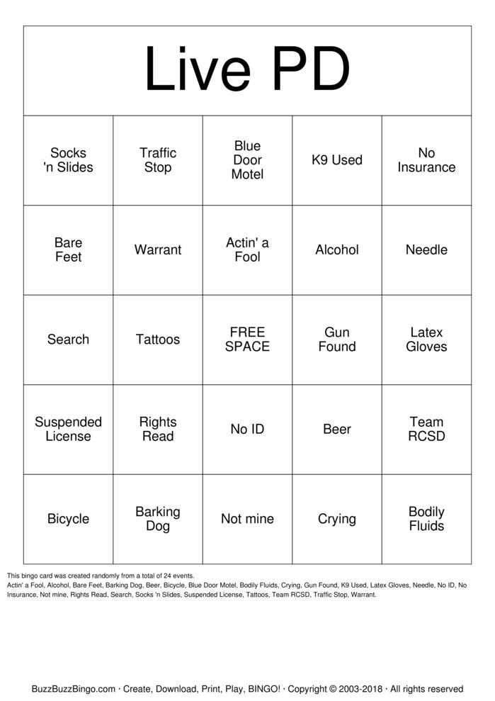 Download Free LIVE PD Bingo Cards