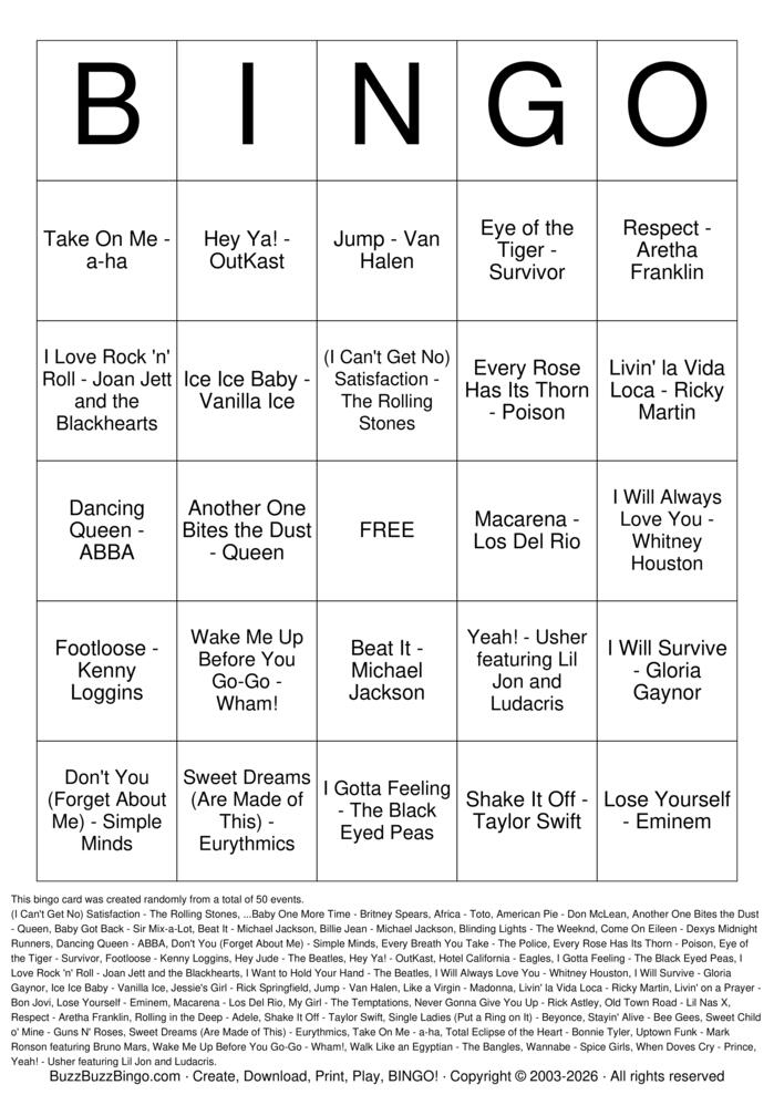 Download Free Number One Hits Top 50 Bingo Cards Download Free Number One Hits Top 50 Bingo Cards